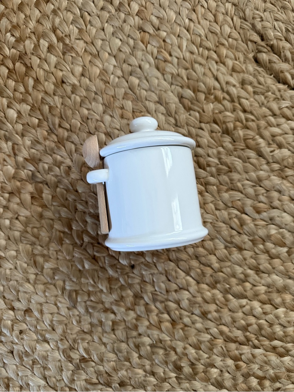 White Ceramic Sugar Jar with Wooden Spoon
